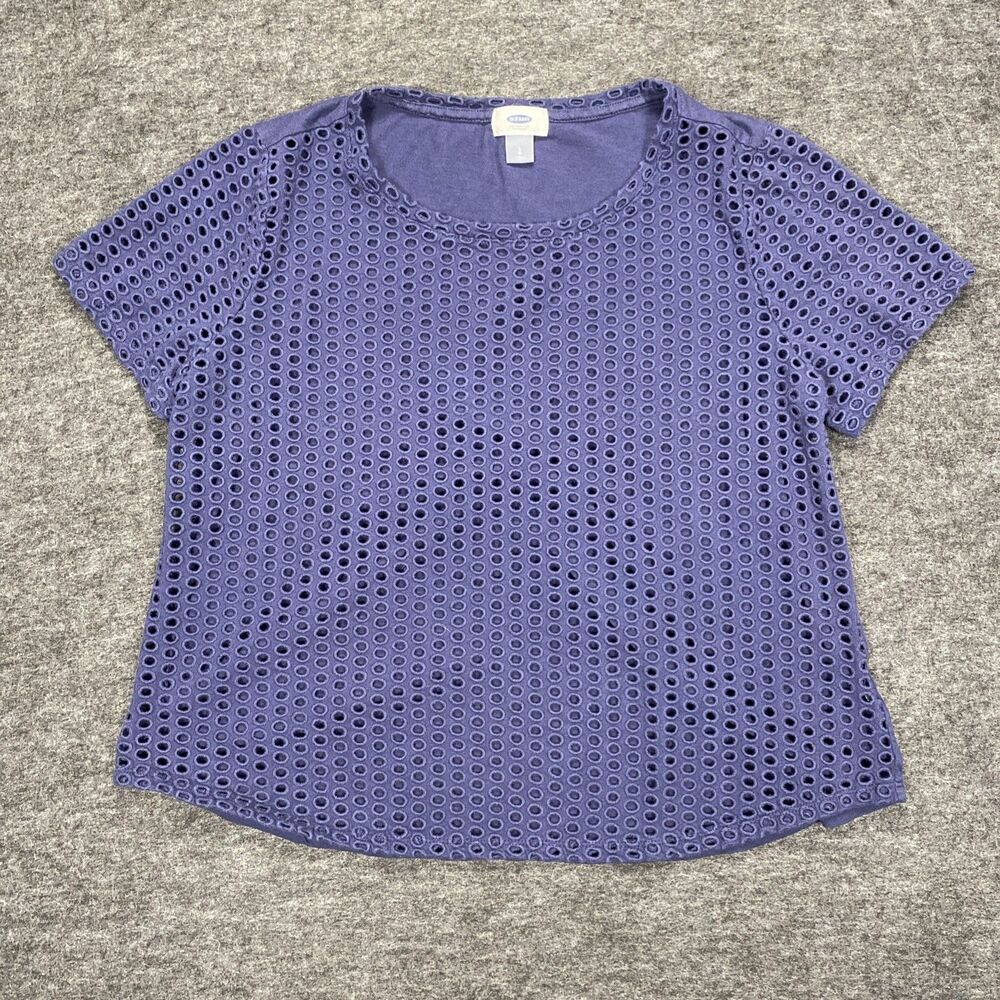J.CREW Women’s Eyelet Knit Blouse Navy Blue Short Sleeve Crew Neck Size Large